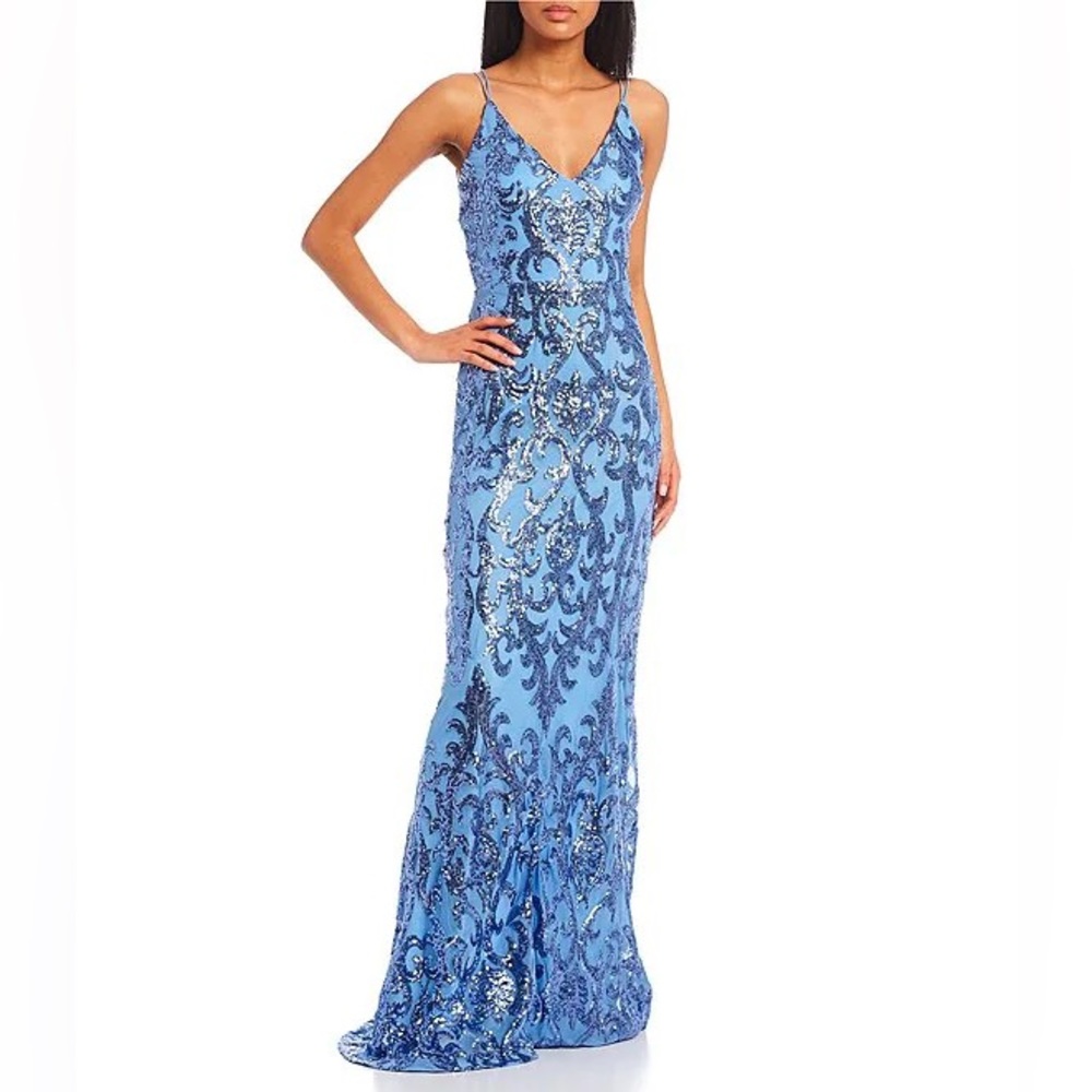 B. Darlin Blue Bungee Spaghetti-Strap V-Neck Sequin-Embellished Lace Long Dress